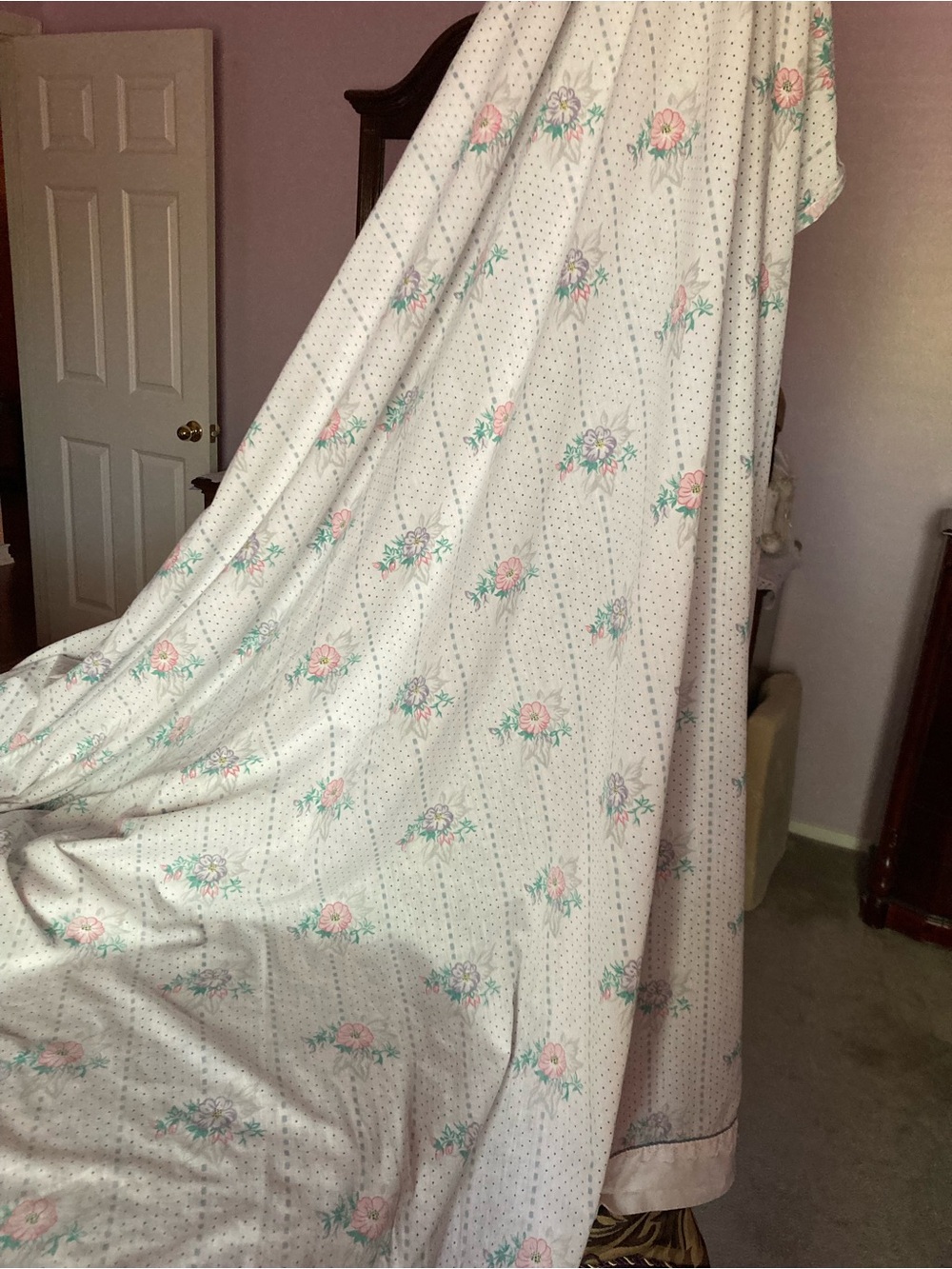 Floral Dot White Cotton Bedding Sheet - Soft Pastel Rose Print Flat Sheet